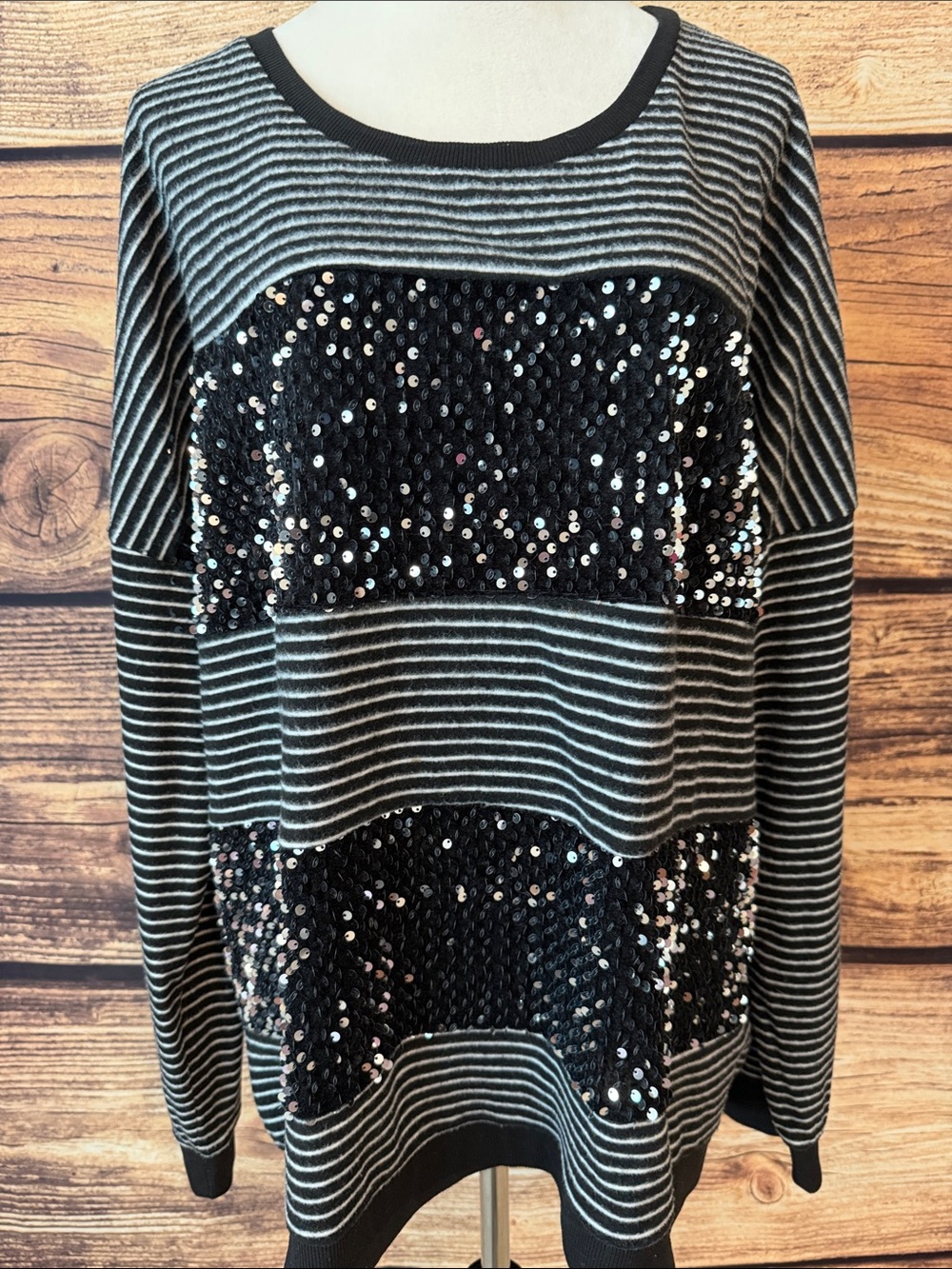 Suzanne Betro Black & Gray Striped Sequin Pullover
